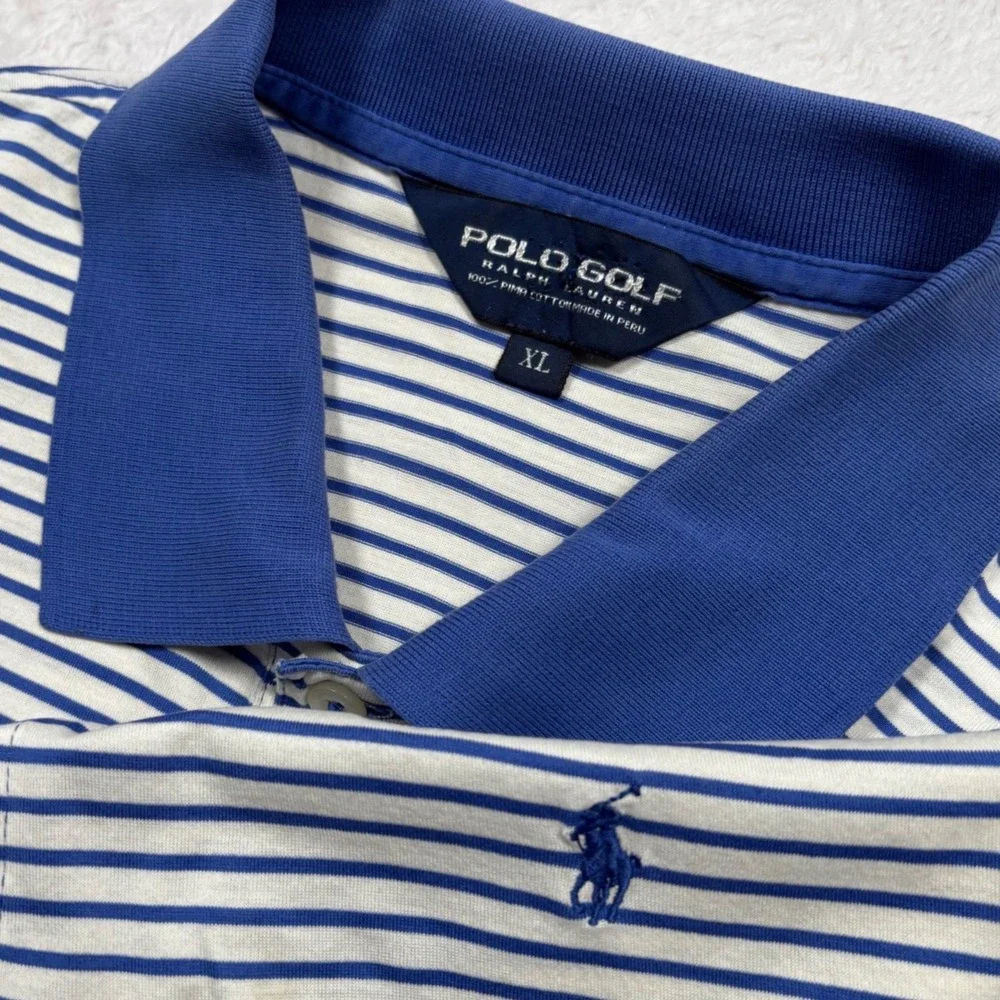 Polo Golf Ralph Lauren Polo Shirt Men XL Blue White Stripe Pima Cotton Short Slv